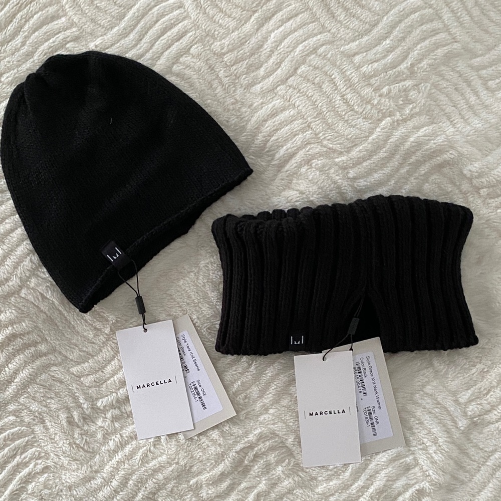 MARELLA Black Ribbed Neck Warmer and Beanie Set